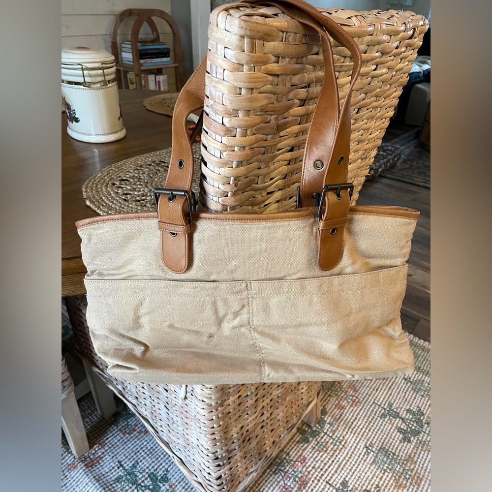 VTG Old Navy Canvas Tote Bag with Brown Leather Straps - Picture 2 of 4